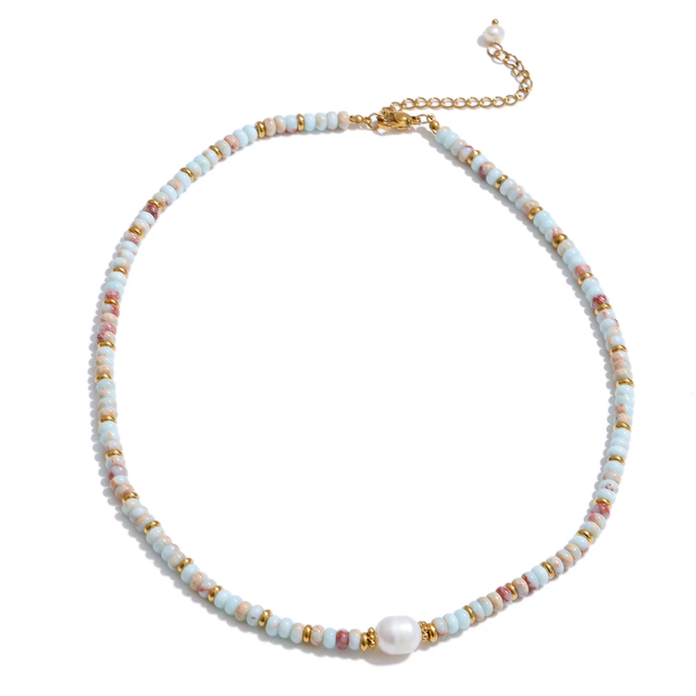 Yhpup Colorful Natural Stone Beads Handmade Chain Y2K Fashion Necklace for Women Stainless Steel Waterproof Collar Jewelry Gift