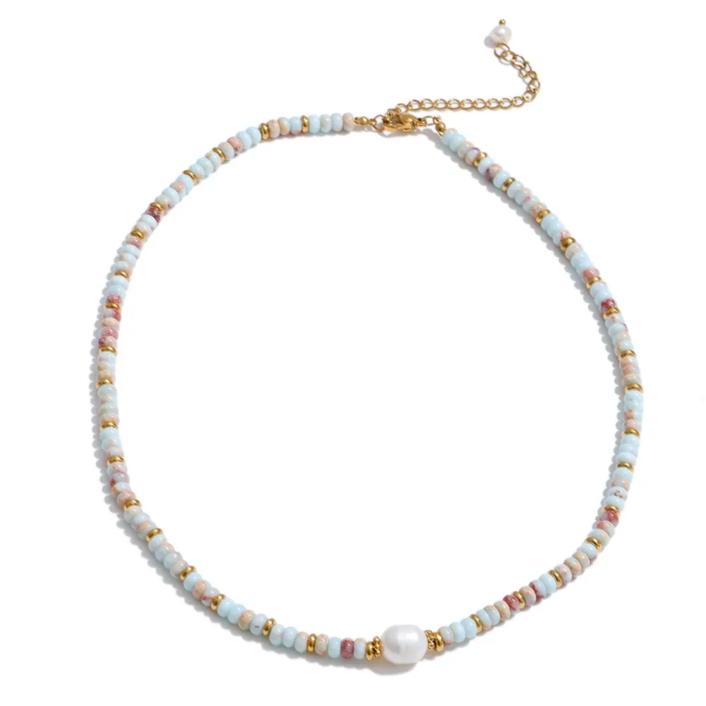 Yhpup Colorful Natural Stone Beads Handmade Chain Y2K Fashion Necklace for Women Stainless Steel Waterproof Collar Jewelry Gift