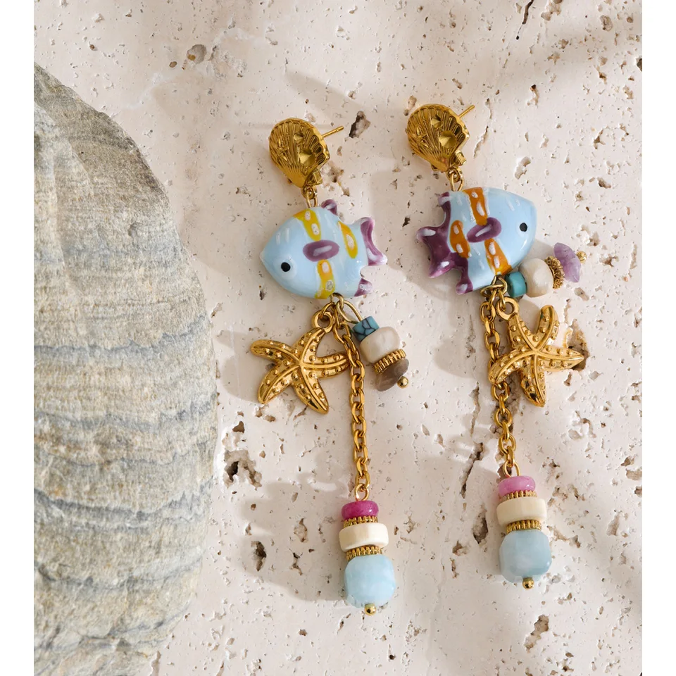 Yhpup Ocean Style Stainless Steel Ceramic Fish Starfish Long Chain Drop Earrings 2026 Handmade Fashion Women Tropical Jewelry
