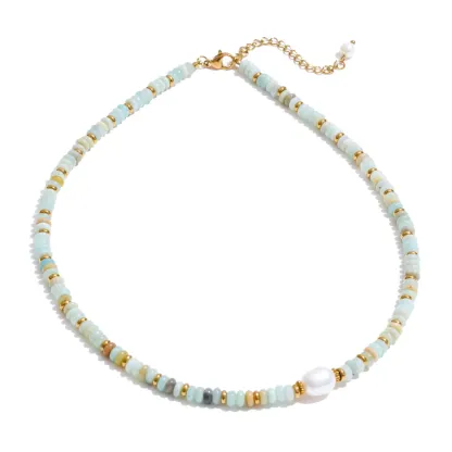 Yhpup Colorful Natural Stone Beads Handmade Chain Y2K Fashion Necklace for Women Stainless Steel Waterproof Collar Jewelry Gift