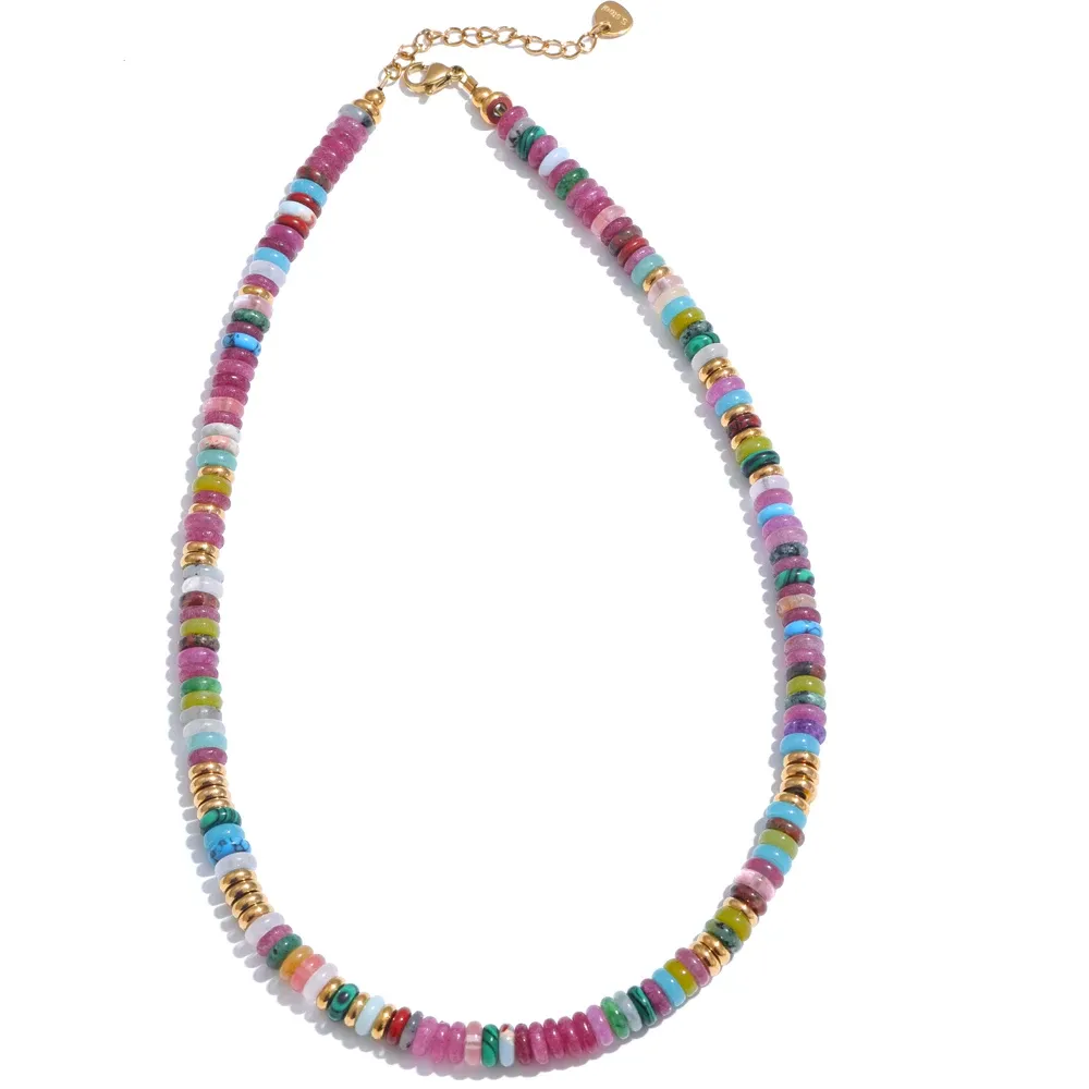 Yhpup Colorful Natural Stone Beads Handmade Chain Y2K Fashion Necklace for Women Stainless Steel Waterproof Collar Jewelry Gift