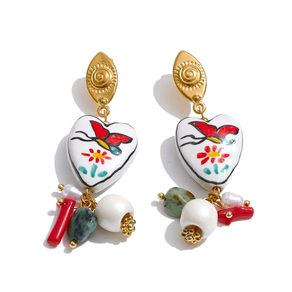Yhpup Exclusive Design Stainless Steel Ceramic Heart Pearl Stone Drop Charm Earrings Fashion Chic New Arrivals French Jewelry
