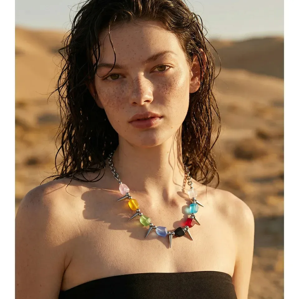 Yhpup 2026 Arrivals Stainless Steel Colorful Acrylic Rivet Drop Necklace Hip-Hop Nightclub Party Wear Unisex Jewelry