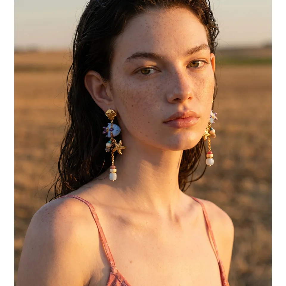 Yhpup Ocean Style Stainless Steel Ceramic Fish Starfish Long Chain Drop Earrings 2026 Handmade Fashion Women Tropical Jewelry