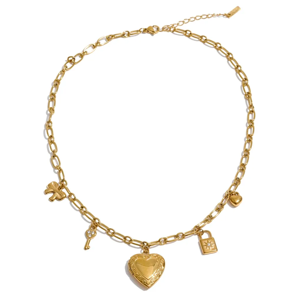 Yhpup High Quality Stainless Steel Charm Pendant Open Heart Put a Photo Necklace Bracelet Set PVD Plated Popular Fashion Jewelry
