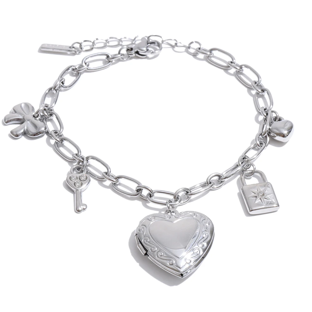 Yhpup High Quality Stainless Steel Charm Pendant Open Heart Put a Photo Necklace Bracelet Set PVD Plated Popular Fashion Jewelry