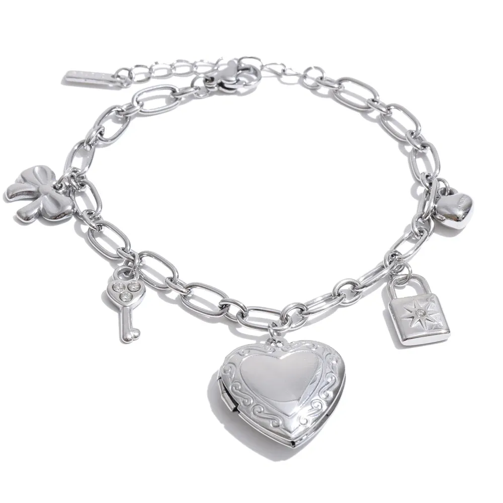 Yhpup High Quality Stainless Steel Charm Pendant Open Heart Put a Photo Necklace Bracelet Set PVD Plated Popular Fashion Jewelry