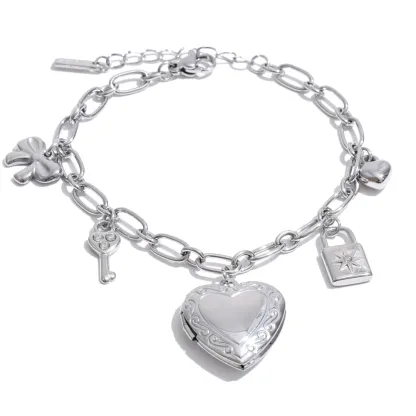 Yhpup High Quality Stainless Steel Charm Pendant Open Heart Put a Photo Necklace Bracelet Set PVD Plated Popular Fashion Jewelry