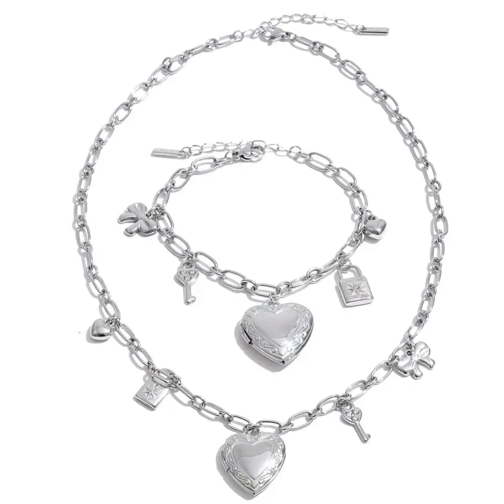 Yhpup High Quality Stainless Steel Charm Pendant Open Heart Put a Photo Necklace Bracelet Set PVD Plated Popular Fashion Jewelry