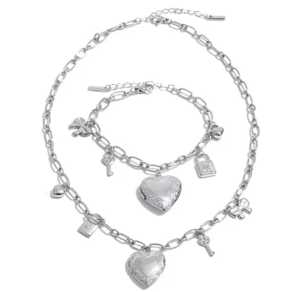Yhpup High Quality Stainless Steel Charm Pendant Open Heart Put a Photo Necklace Bracelet Set PVD Plated Popular Fashion Jewelry