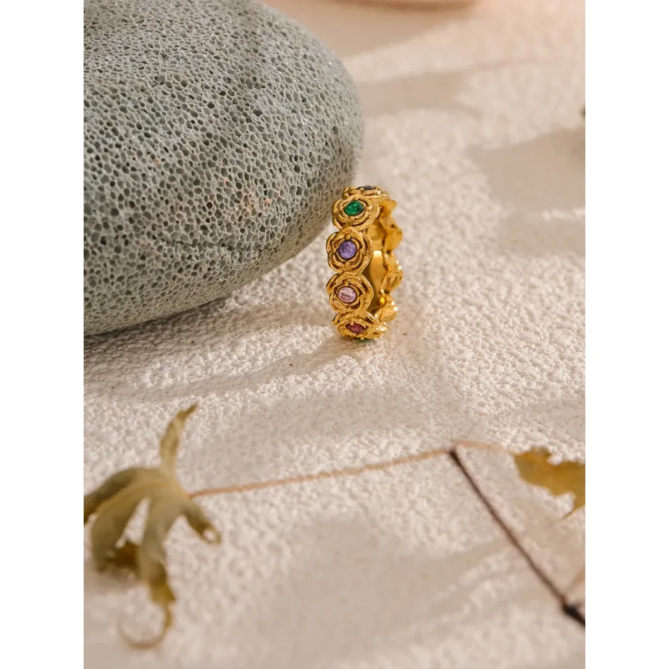 Yhpup Colorful Cubic Zirconia Flower Ring 18K Gold Color PVD Plated Stainless Steel Fashion Finger Jewelry Accessories Gift