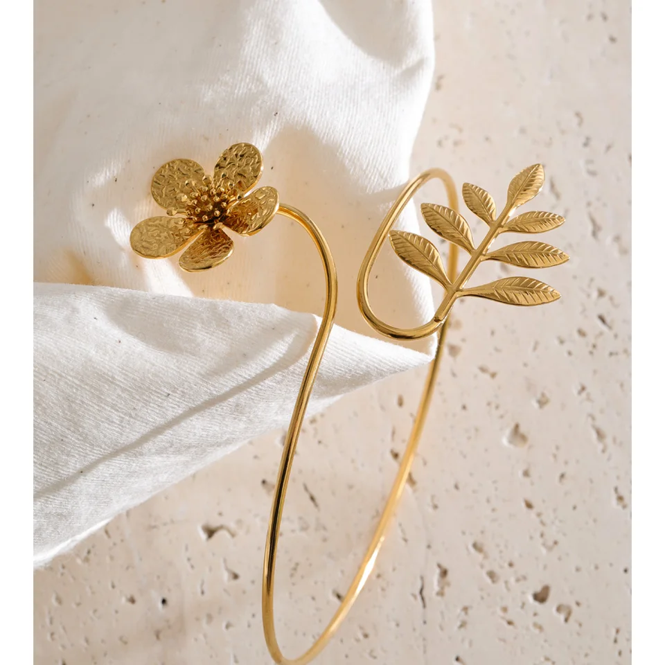 Yhpup Waterproof Stainless Steel Leaves Flower Arm Cuff Bracelet Fashion 2026 Fashion Body Armlet Bangle Jewelry Accessories