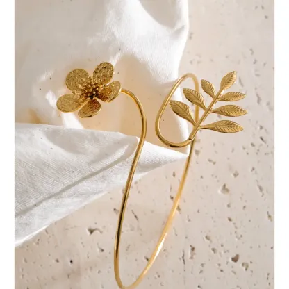 Yhpup Waterproof Stainless Steel Leaves Flower Arm Cuff Bracelet Fashion 2026 Fashion Body Armlet Bangle Jewelry Accessories