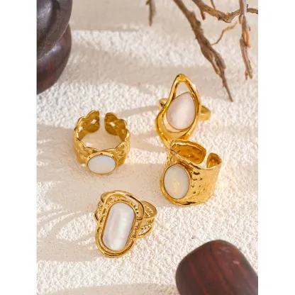 Yhpup Stainless Steel Natural Shell Geometric Open Ring Adjustable 18K PVD Plated Popular Fashion Finger Jewelry Accessories