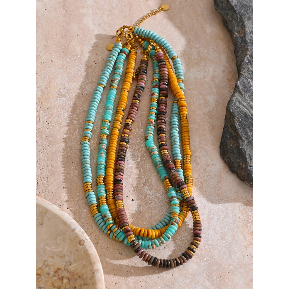 Yhpup Colorful Natural Stone Beads Handmade Chain Y2K Fashion Necklace for Women Stainless Steel Waterproof Collar Jewelry Gift