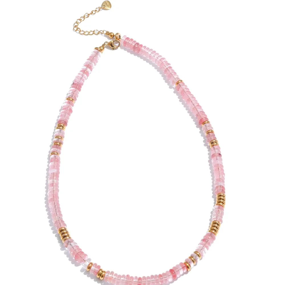 Yhpup Colorful Natural Stone Beads Handmade Chain Y2K Fashion Necklace for Women Stainless Steel Waterproof Collar Jewelry Gift