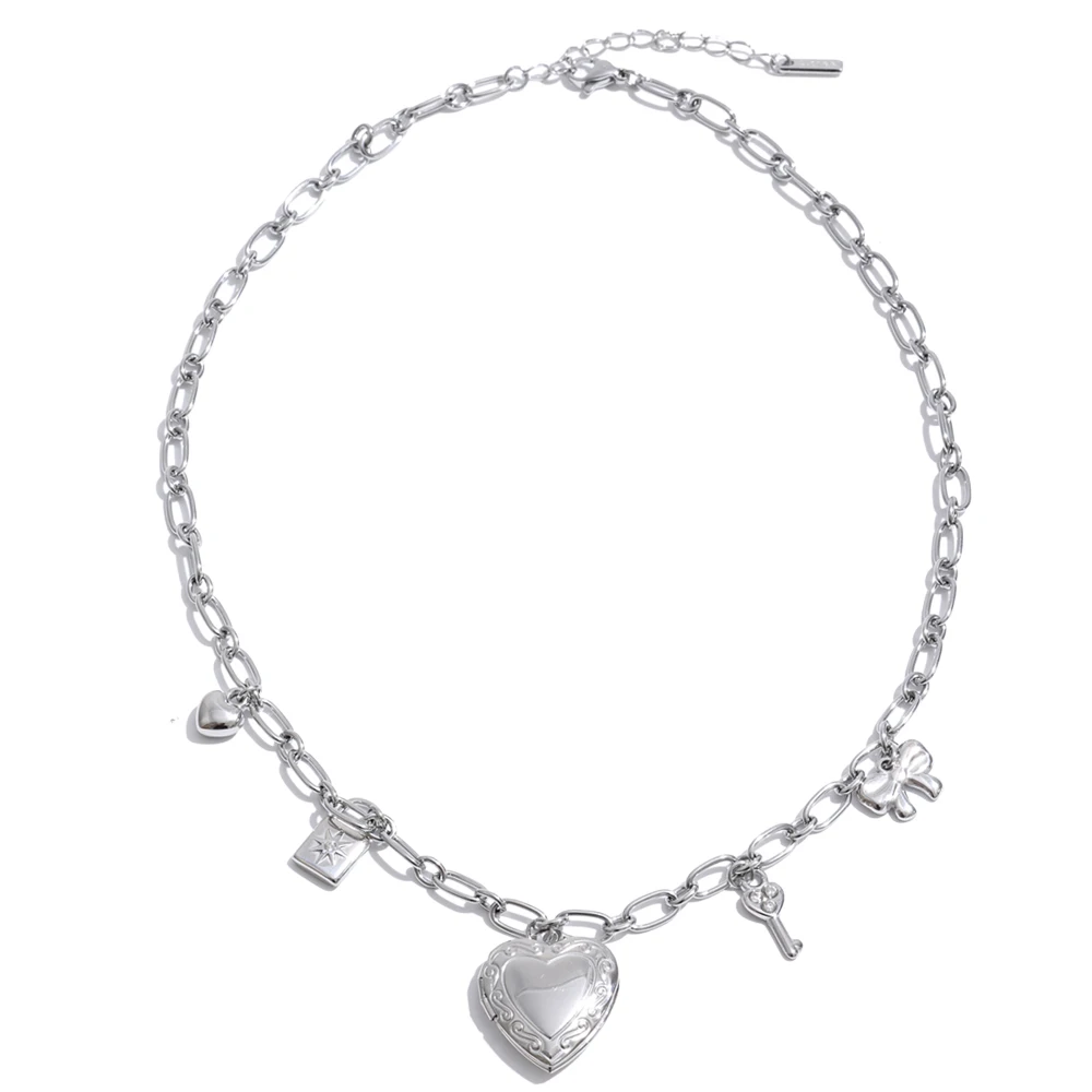 Yhpup High Quality Stainless Steel Charm Pendant Open Heart Put a Photo Necklace Bracelet Set PVD Plated Popular Fashion Jewelry