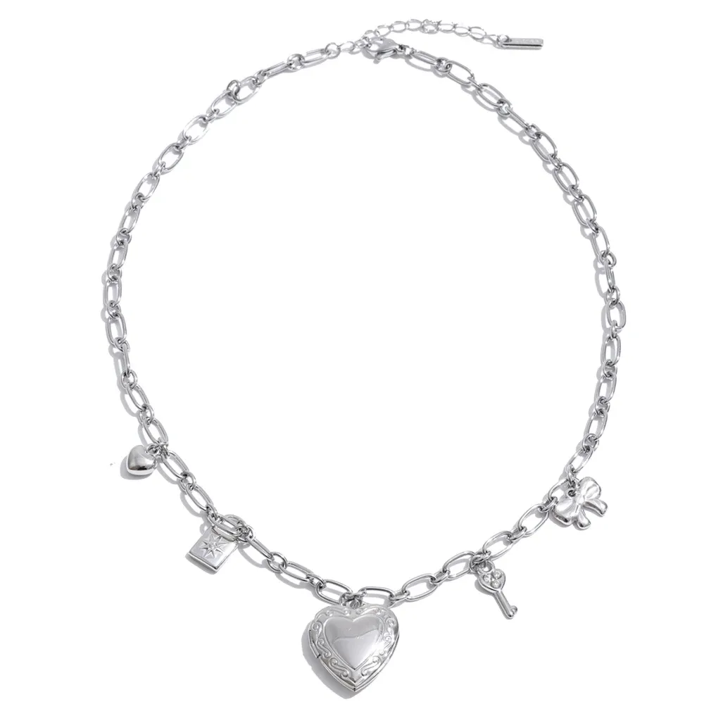 Yhpup High Quality Stainless Steel Charm Pendant Open Heart Put a Photo Necklace Bracelet Set PVD Plated Popular Fashion Jewelry
