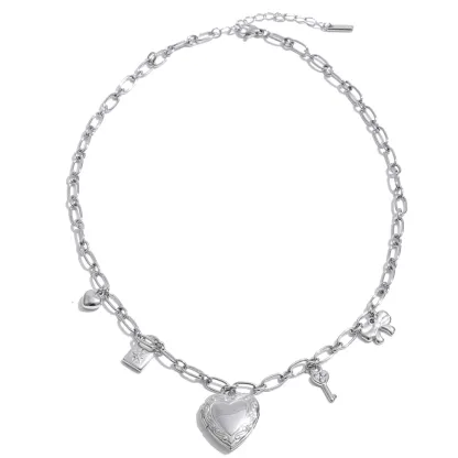 Yhpup High Quality Stainless Steel Charm Pendant Open Heart Put a Photo Necklace Bracelet Set PVD Plated Popular Fashion Jewelry