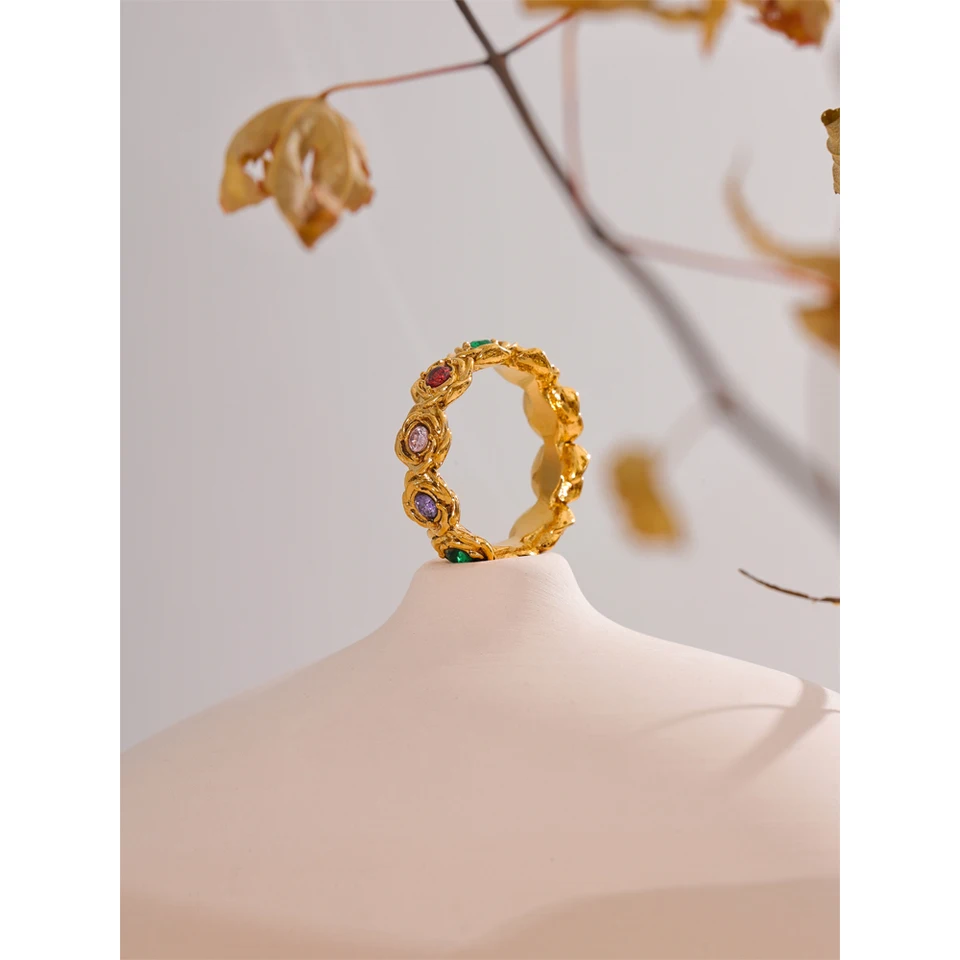 Yhpup Colorful Cubic Zirconia Flower Ring 18K Gold Color PVD Plated Stainless Steel Fashion Finger Jewelry Accessories Gift
