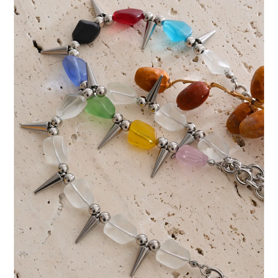 Yhpup 2026 Arrivals Stainless Steel Colorful Acrylic Rivet Drop Necklace Hip-Hop Nightclub Party Wear Unisex Jewelry