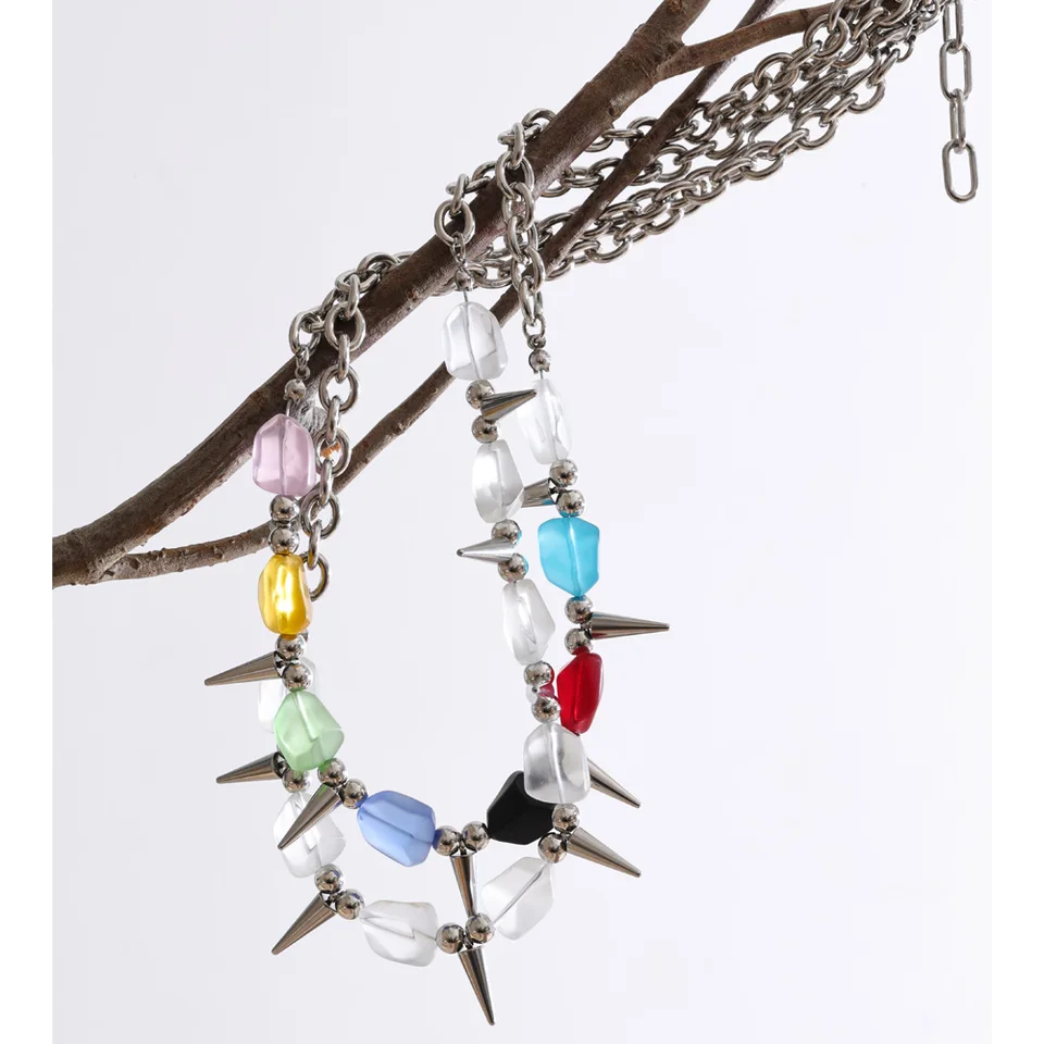 Yhpup 2026 Arrivals Stainless Steel Colorful Acrylic Rivet Drop Necklace Hip-Hop Nightclub Party Wear Unisex Jewelry
