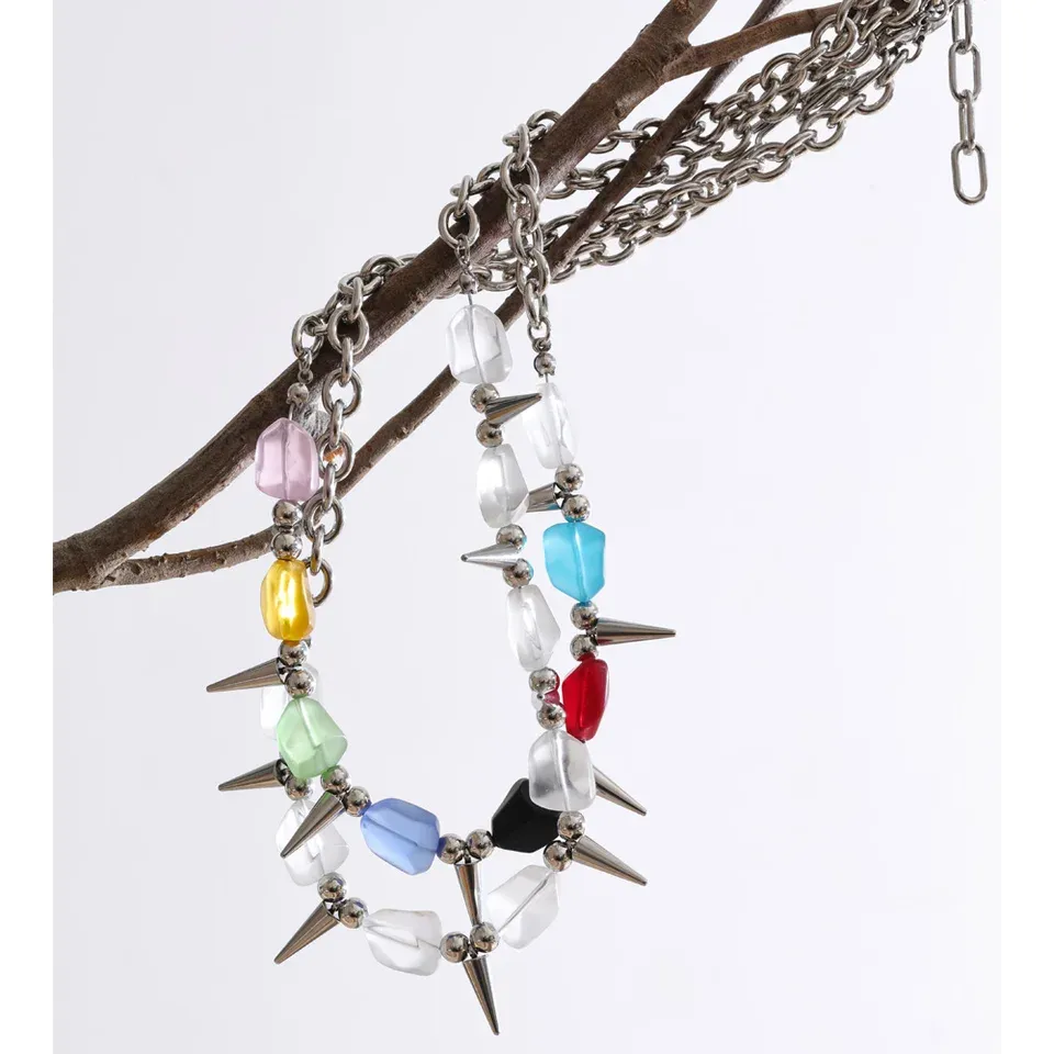 Yhpup 2026 Arrivals Stainless Steel Colorful Acrylic Rivet Drop Necklace Hip-Hop Nightclub Party Wear Unisex Jewelry