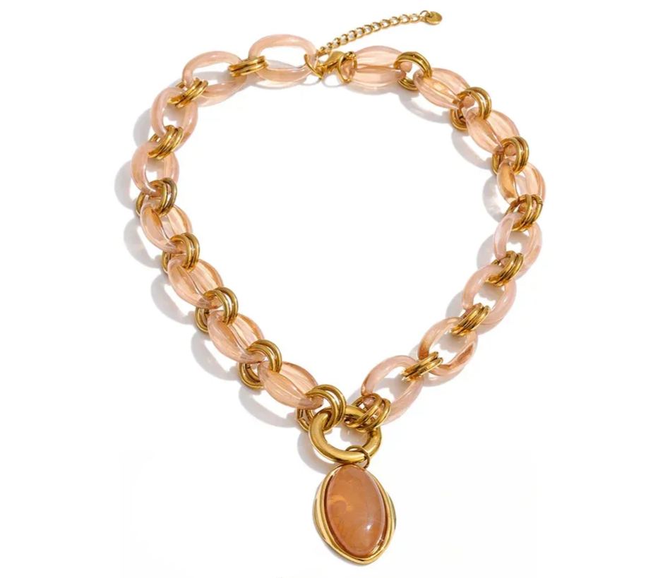 Yhpup Resin Acrylic Handmade Chain Oval Pendant Fashion Statement Necklace 18K Golden PVD Plated Trendy Waterproof Jewelry Gift