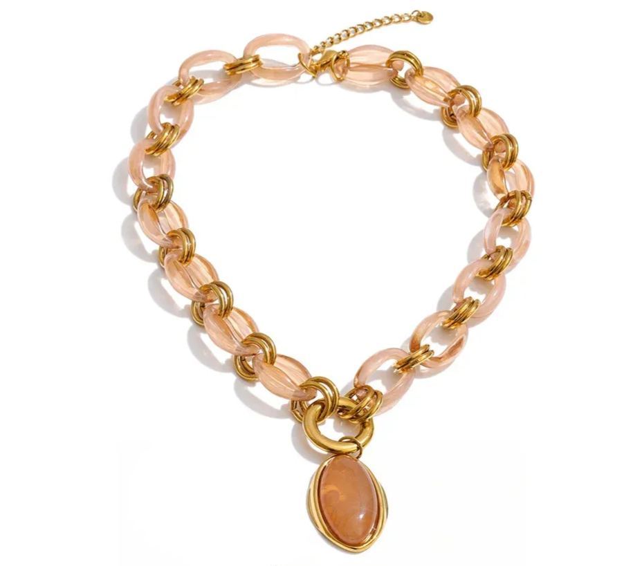 Yhpup Resin Acrylic Handmade Chain Oval Pendant Fashion Statement Necklace 18K Golden PVD Plated Trendy Waterproof Jewelry Gift