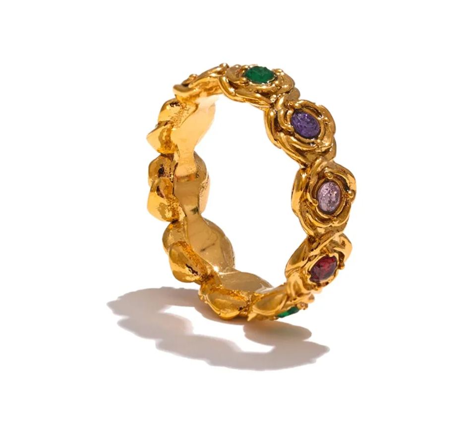Yhpup Colorful Cubic Zirconia Flower Ring 18K Gold Color PVD Plated Stainless Steel Fashion Finger Jewelry Accessories Gift