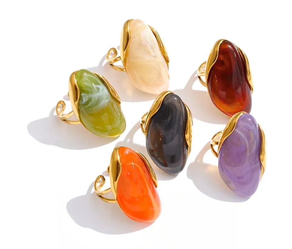 Yhpup 2026 Stainless Steel Multi-Color Resin Adjustable Ring PVD Hot Style Y2K Fashion Attractive Trend Finger Jewelry Wholesale
