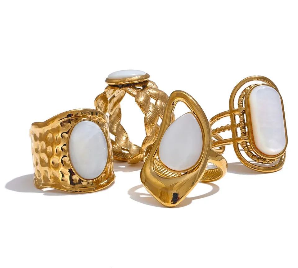 Yhpup Stainless Steel Natural Shell Geometric Open Ring Adjustable 18K PVD Plated Popular Fashion Finger Jewelry Accessories