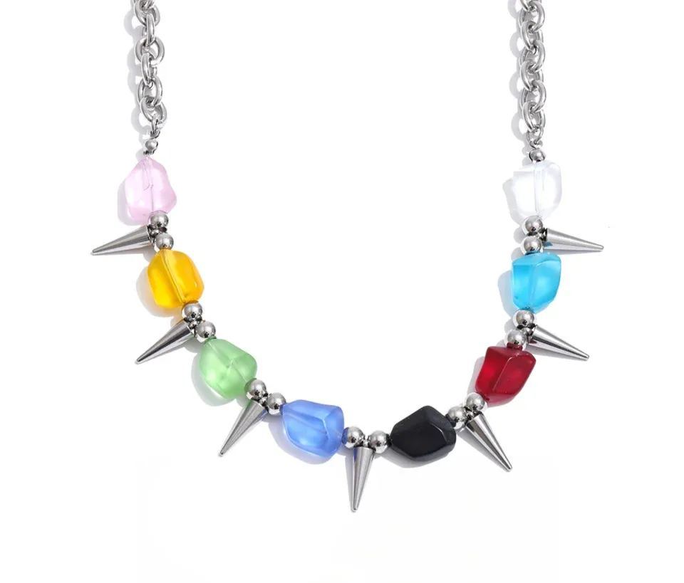 Yhpup 2026 Arrivals Stainless Steel Colorful Acrylic Rivet Drop Necklace Hip-Hop Nightclub Party Wear Unisex Jewelry
