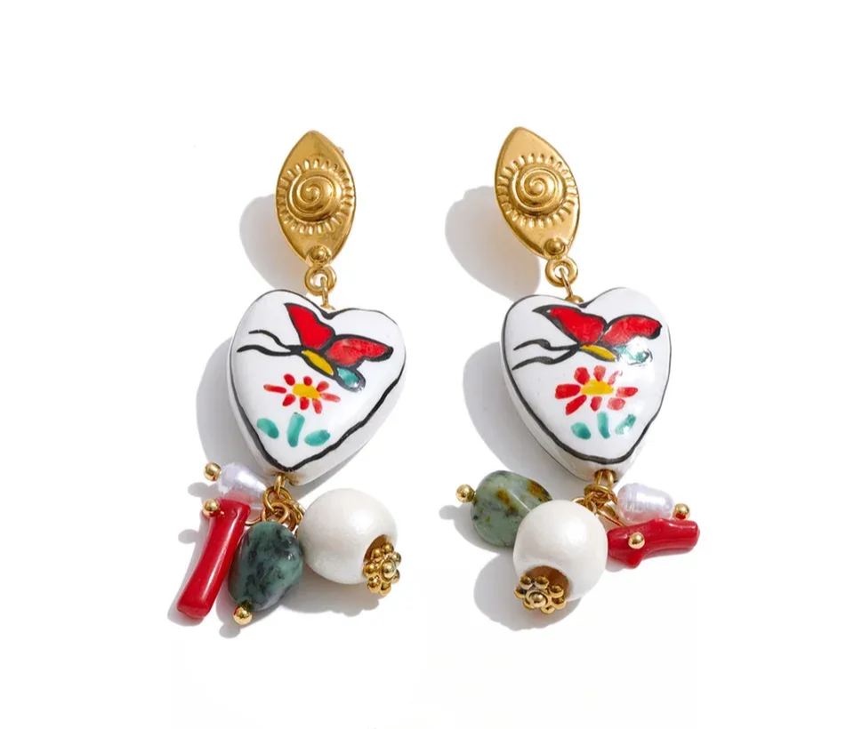 Yhpup Exclusive Design Stainless Steel Ceramic Heart Pearl Stone Drop Charm Earrings Fashion Chic New Arrivals French Jewelry