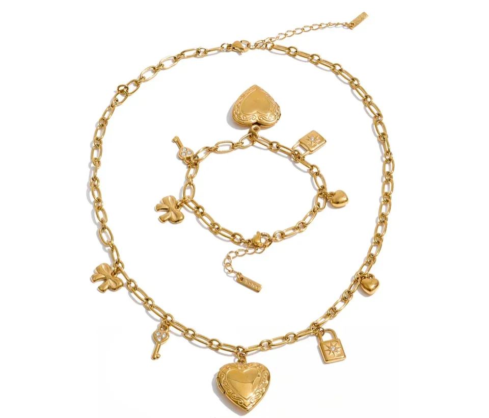 Yhpup High Quality Stainless Steel Charm Pendant Open Heart Put a Photo Necklace Bracelet Set PVD Plated Popular Fashion Jewelry