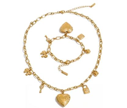 Yhpup High Quality Stainless Steel Charm Pendant Open Heart Put a Photo Necklace Bracelet Set PVD Plated Popular Fashion Jewelry
