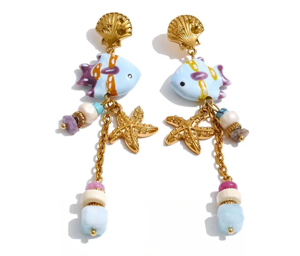 Yhpup Ocean Style Stainless Steel Ceramic Fish Starfish Long Chain Drop Earrings 2026 Handmade Fashion Women Tropical Jewelry