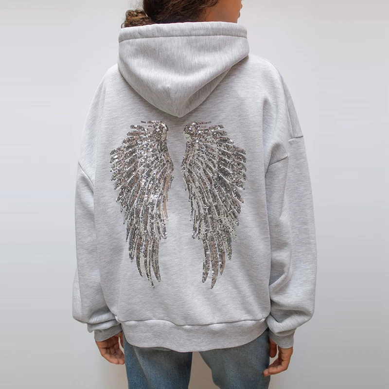 Women's Grey Sequined Angel Wings Cropped Hoodie and Sweatpants Set - Stylish and Casual