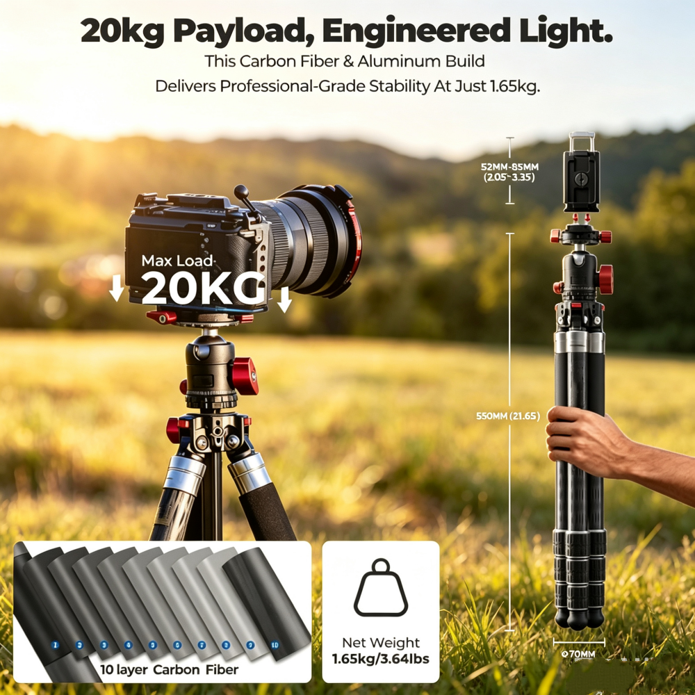 5-in-1 Carbon Fiber Tripod with Multi-Mode Shooting Flexibility