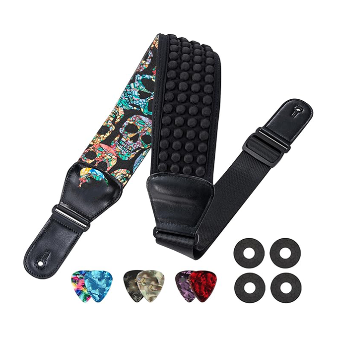 Electric guitar strap, 3.5 inches wide and adjustable in length