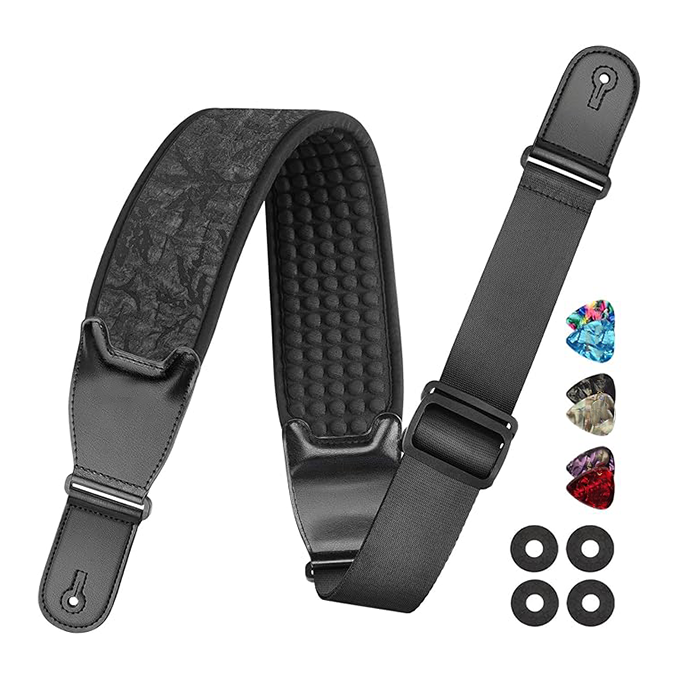 Electric guitar strap, 3.5 inches wide and adjustable in length