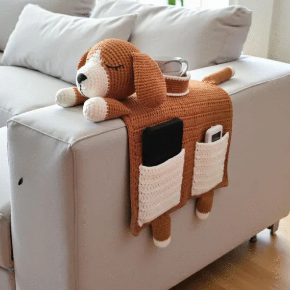 Crochet Dog Sofa Organizer with Cup Holder – Handmade Armrest Caddy