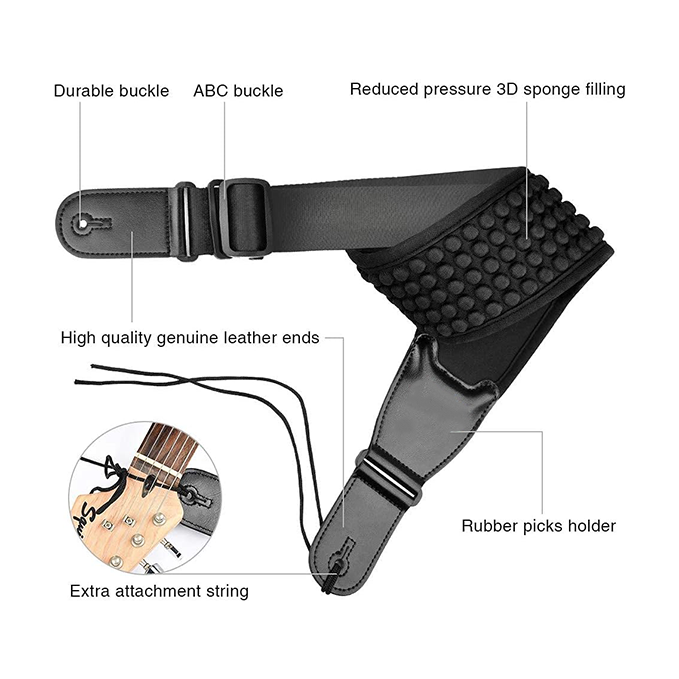 Electric guitar strap, 3.5 inches wide and adjustable in length