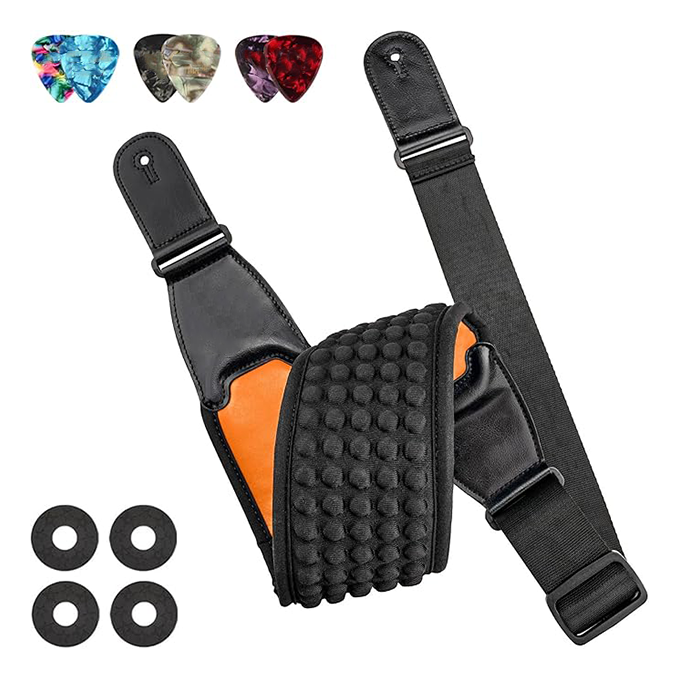 Electric guitar strap, 3.5 inches wide and adjustable in length