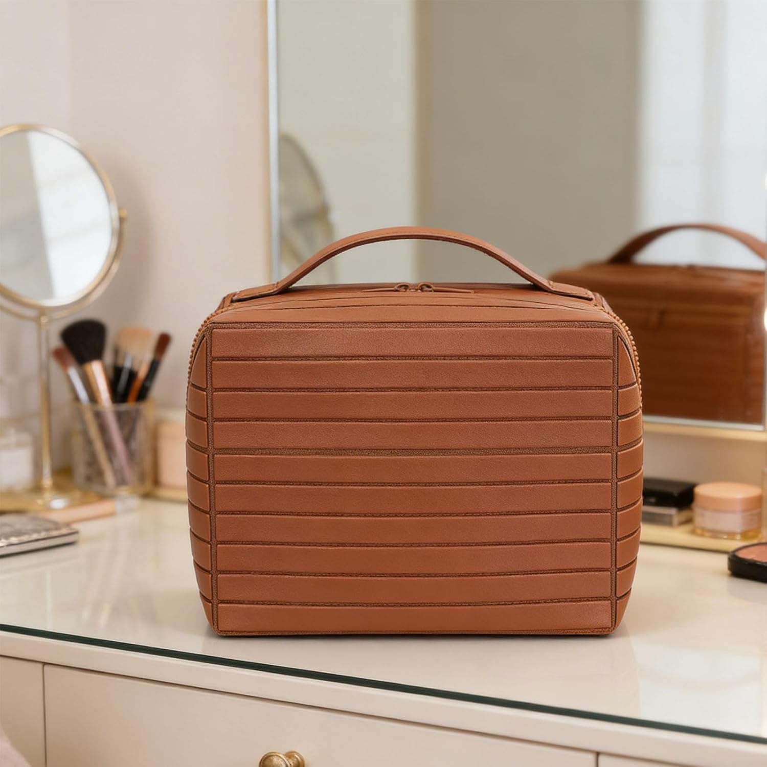 High-capacity foldable cosmetic bag, waterproof PU leather