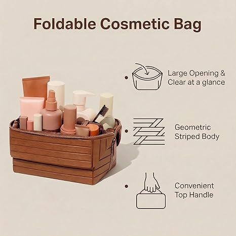 High-capacity foldable cosmetic bag, waterproof PU leather