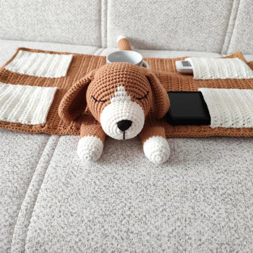Crochet Dog Sofa Organizer with Cup Holder – Handmade Armrest Caddy