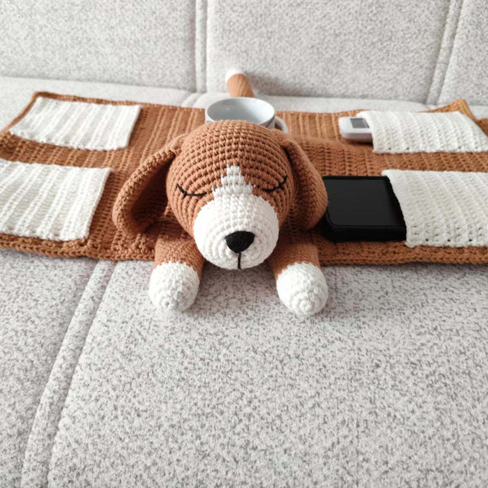 Crochet Dog Sofa Organizer with Cup Holder – Handmade Armrest Caddy