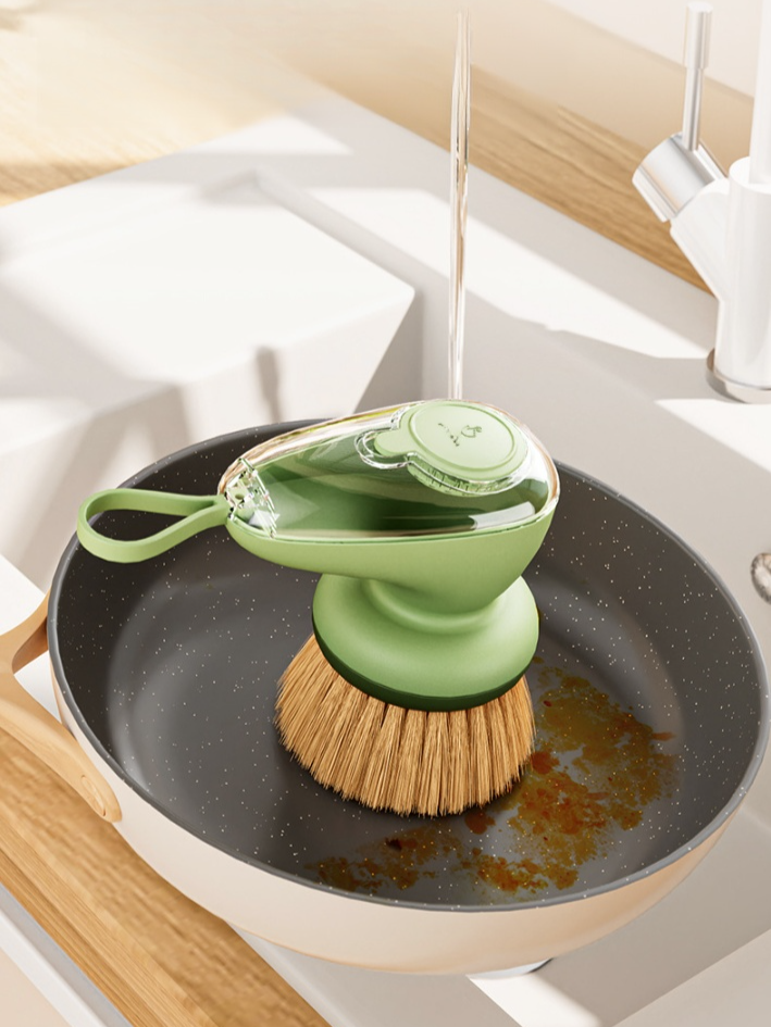 Selbstnachfüllende Topfbürste mit Flüssigkeitsbehälter in moderner Küche