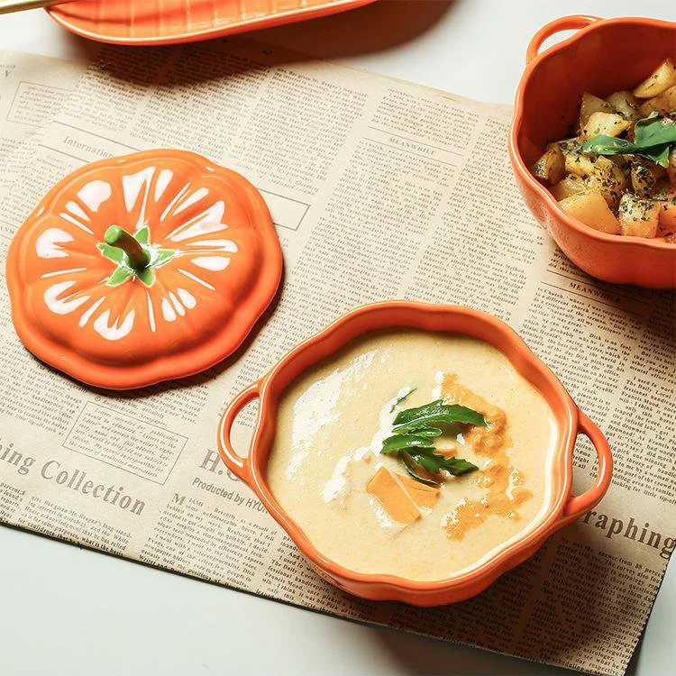 Kürbisförmige Keramik-Schale mit Doppelgriff für Suppe und Reis
